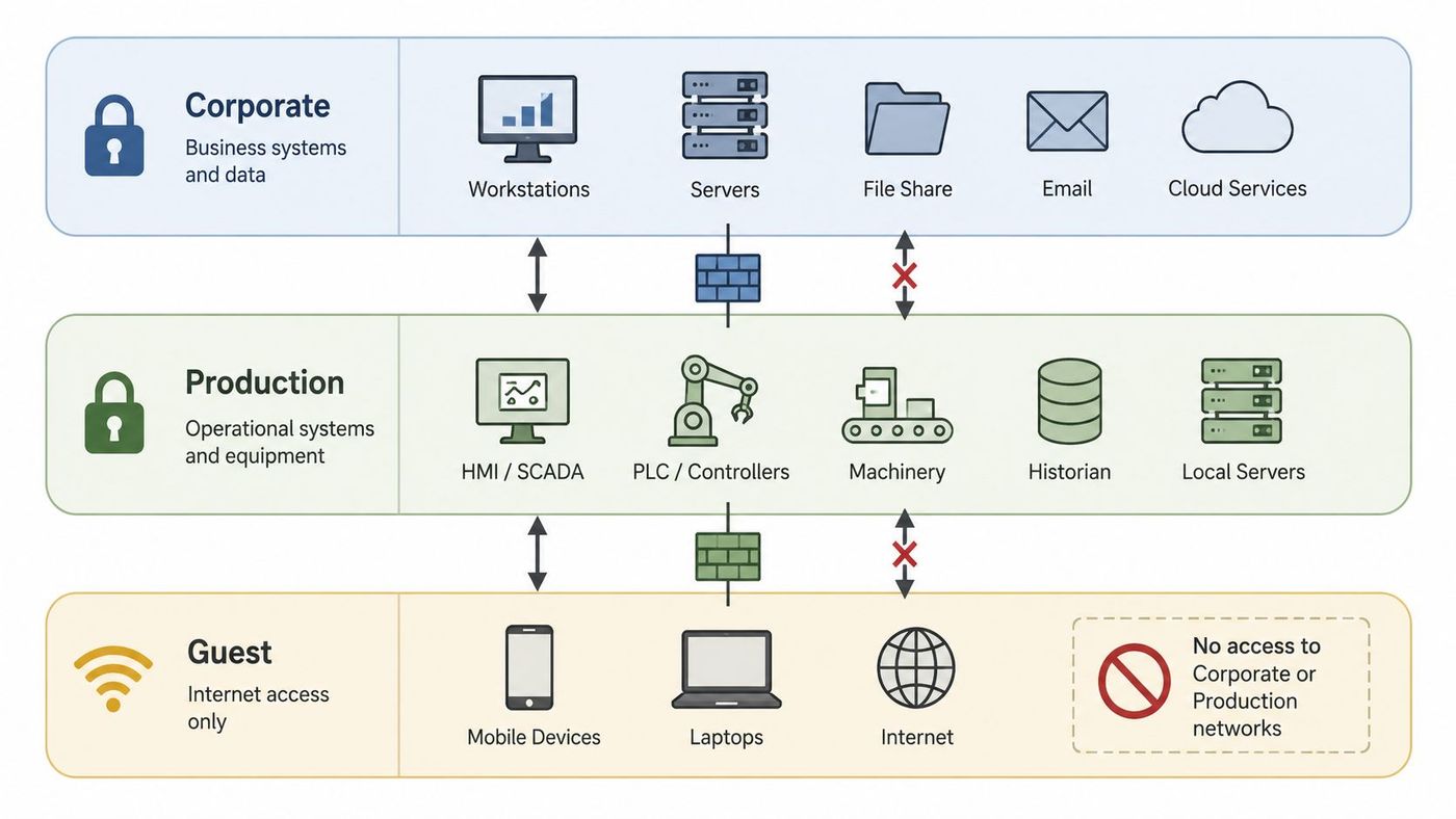 A network security diagram illustrating the separation between corporate, production, and guest network zones with firewalls.