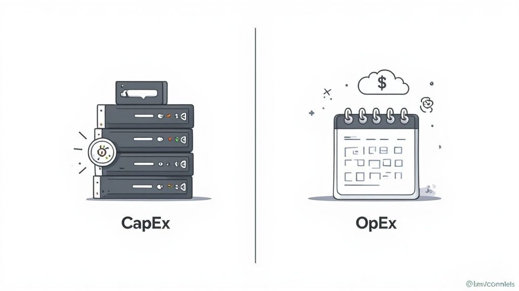 Illustration contrasting CapEx with on-premise servers and OpEx with a cloud calendar and dollar sign.