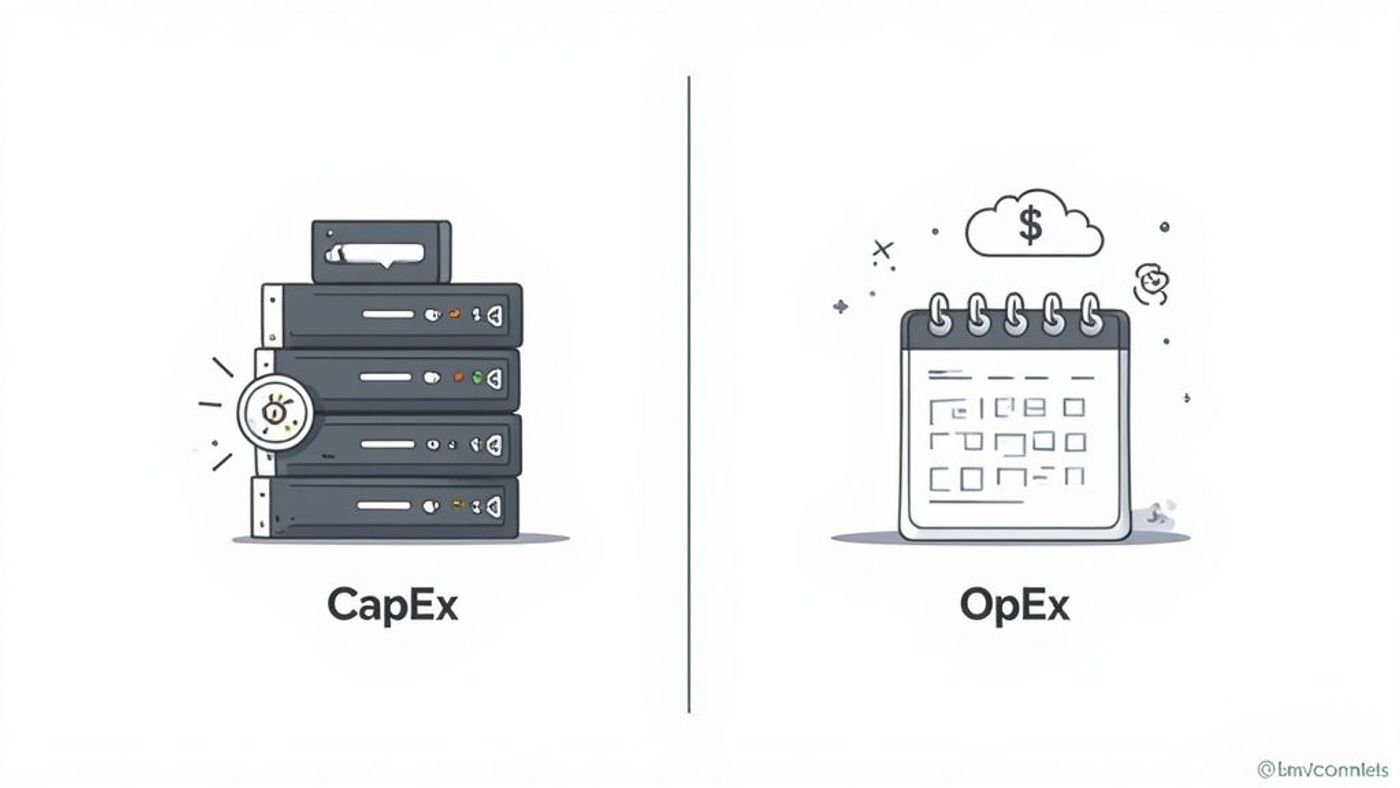 Illustration contrasting CapEx with on-premise servers and OpEx with a cloud calendar and dollar sign.