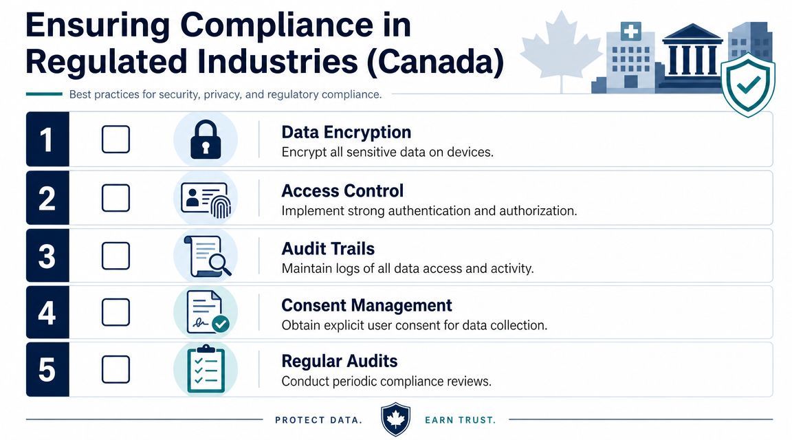A checklist infographic outlining five best practices for security and regulatory compliance in Canadian industries.