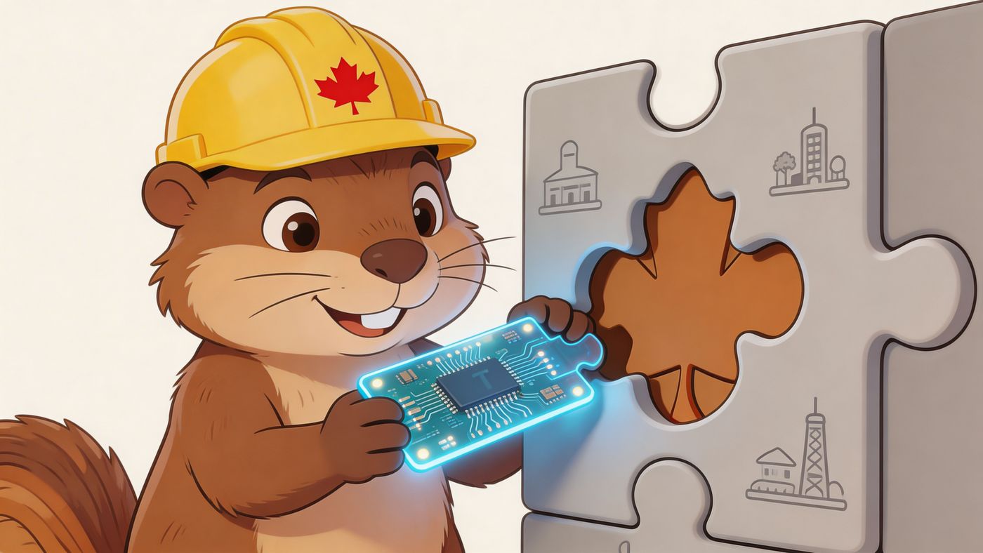 A cartoon beaver wearing a Canadian construction helmet placing a glowing circuit board into a jigsaw puzzle.