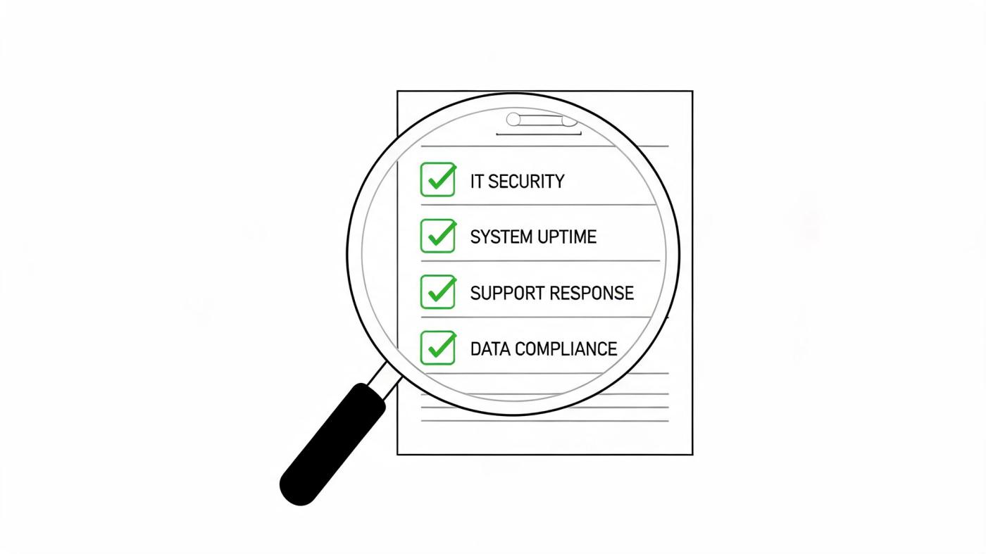 A magnifying glass focusing on a checklist with IT security, system uptime, support response, and data compliance checked.