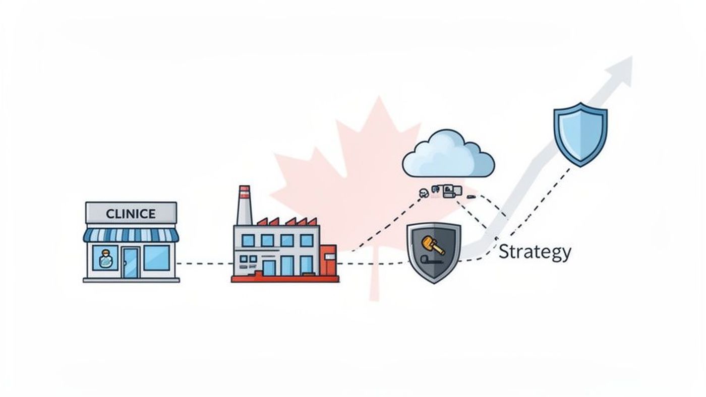 Diagram showing a clinic and factory connected to cloud computing, IT security, and strategic growth in Canada.
