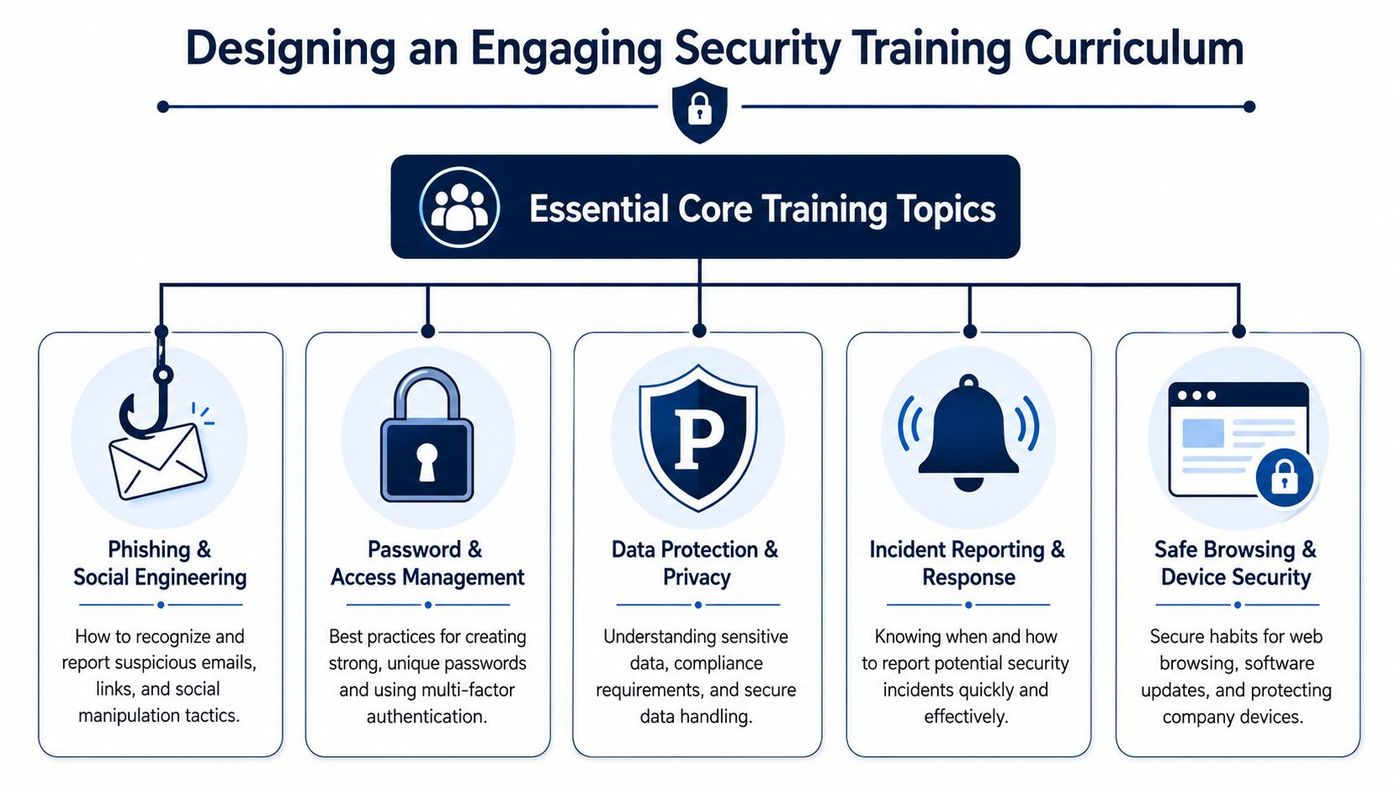 An infographic detailing five essential core topics for an effective organizational security awareness training program curriculum.