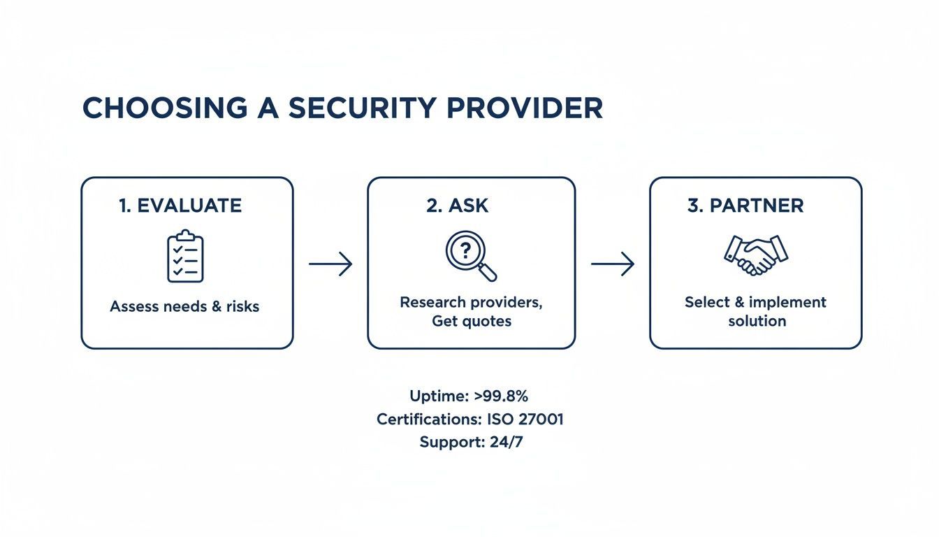 Flowchart showing three steps to choosing a security provider: evaluate, ask, and partner, with criteria.