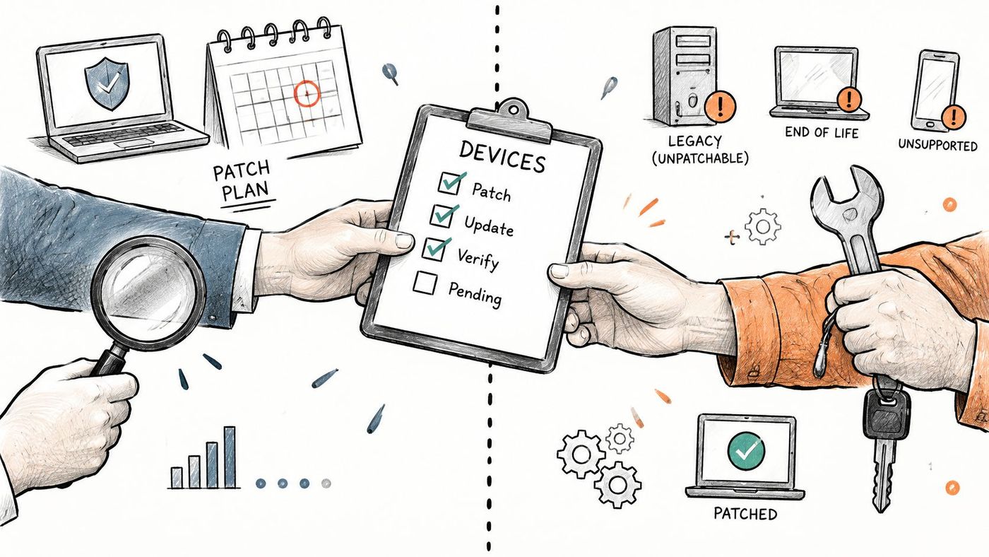 A hand holding a checklist of device security tasks across from a technician holding a wrench.