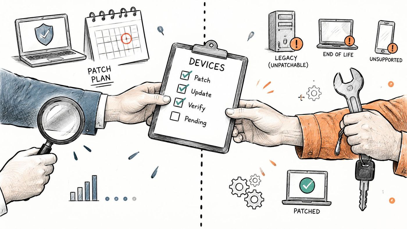 A hand holding a checklist of device security tasks across from a technician holding a wrench.