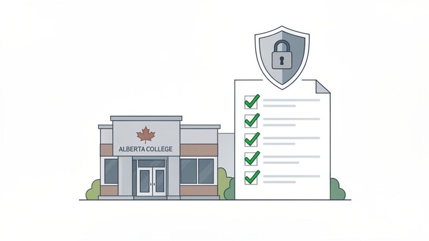 Illustration of Alberta College, a document with checked boxes, and a security shield, representing compliance.