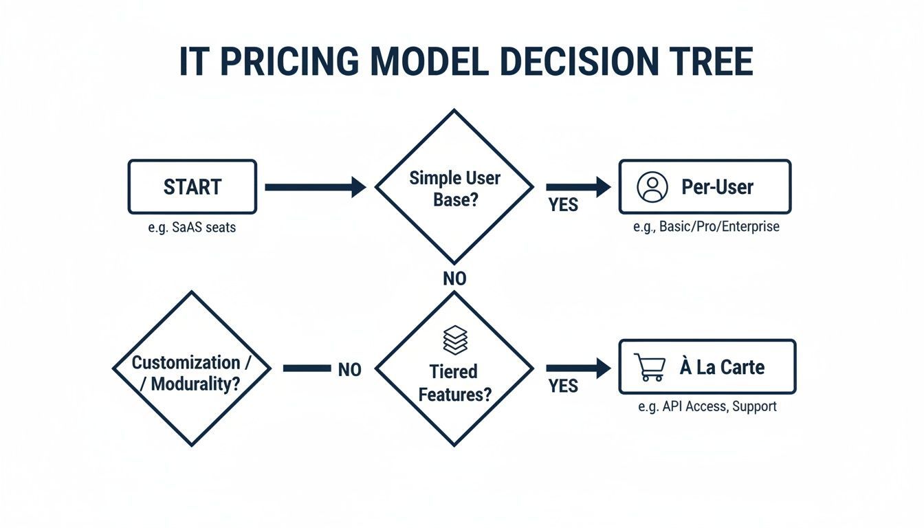 Flowchart illustrating an IT pricing model decision tree, guiding choices between per-user and à la carte models.