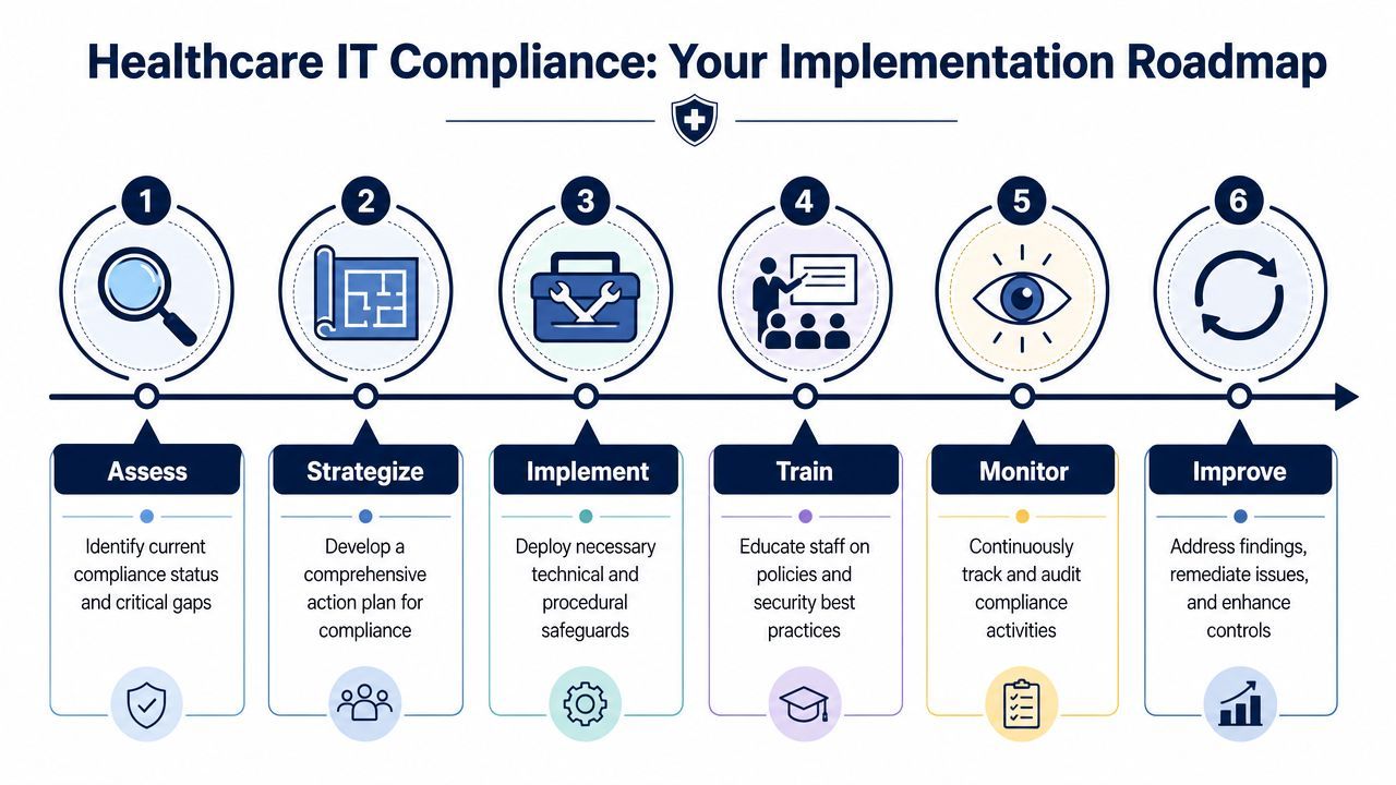 A six-step roadmap graphic illustrating the process for achieving and maintaining healthcare IT compliance in organizations.