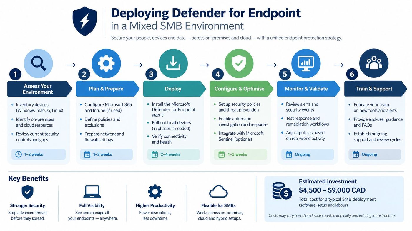 A six-step infographic guide for deploying Microsoft Defender for Endpoint in a mixed SMB business environment.