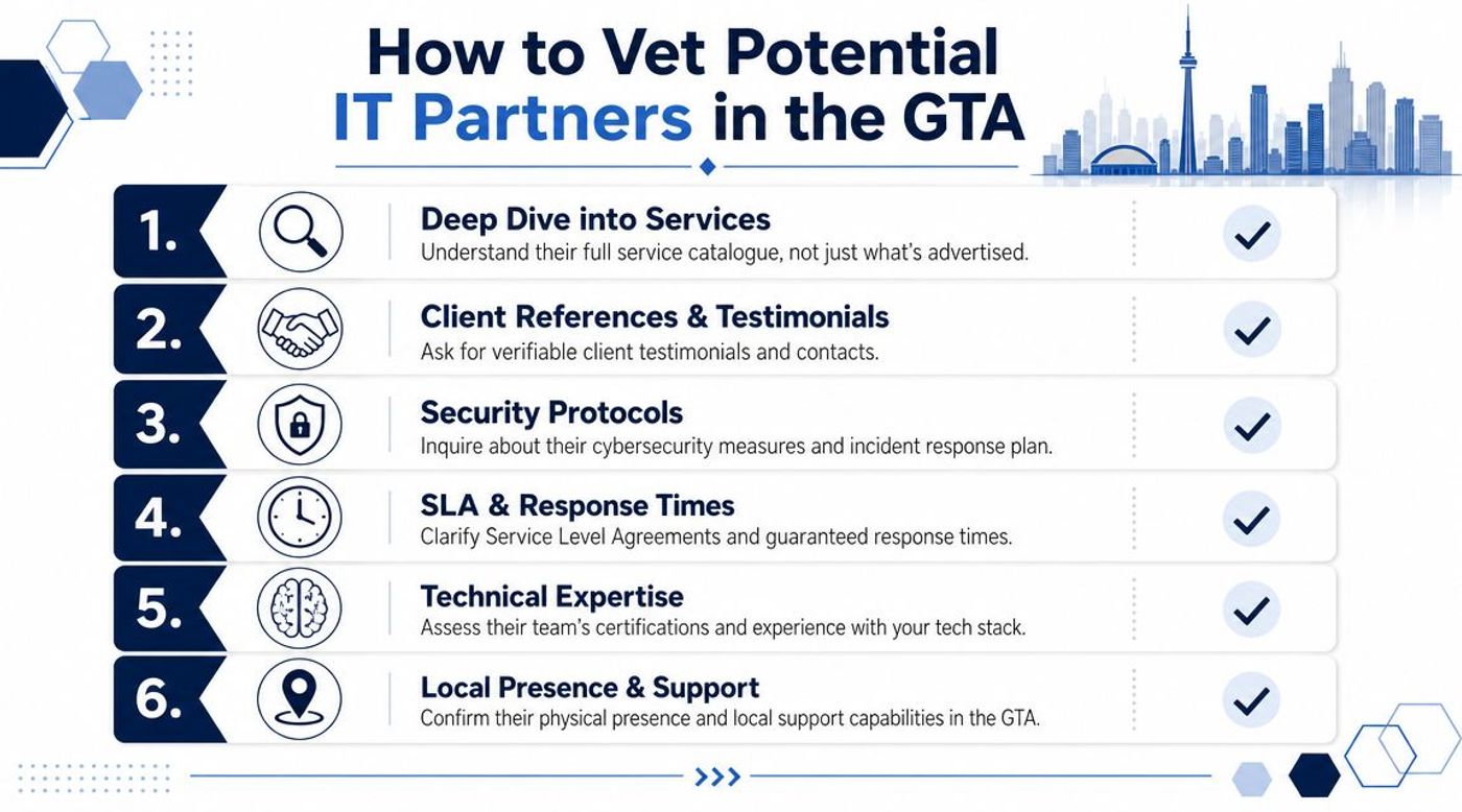 An infographic listing six essential steps for vetting potential IT partners in the Greater Toronto Area.