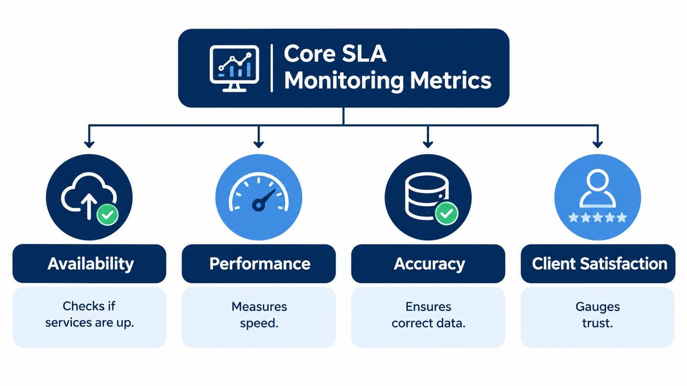 A diagram outlining core SLA monitoring metrics including availability, performance, accuracy, and client satisfaction for services.