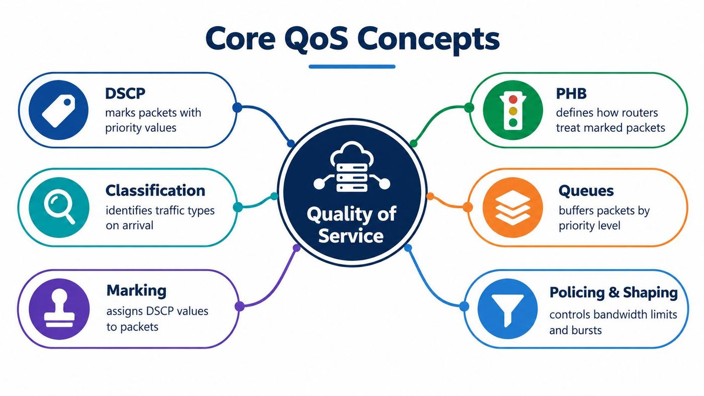 A diagram illustrating core Quality of Service concepts including DSCP, classification, marking, PHB, queues, and traffic policing.