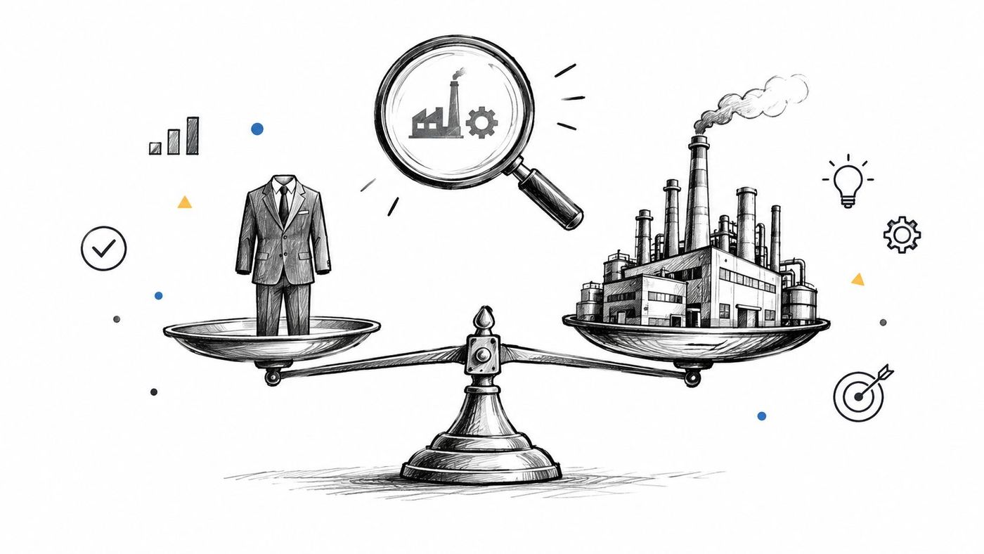 A conceptual illustration of a balance scale weighing a suit against an industrial factory, representing business decision-making.