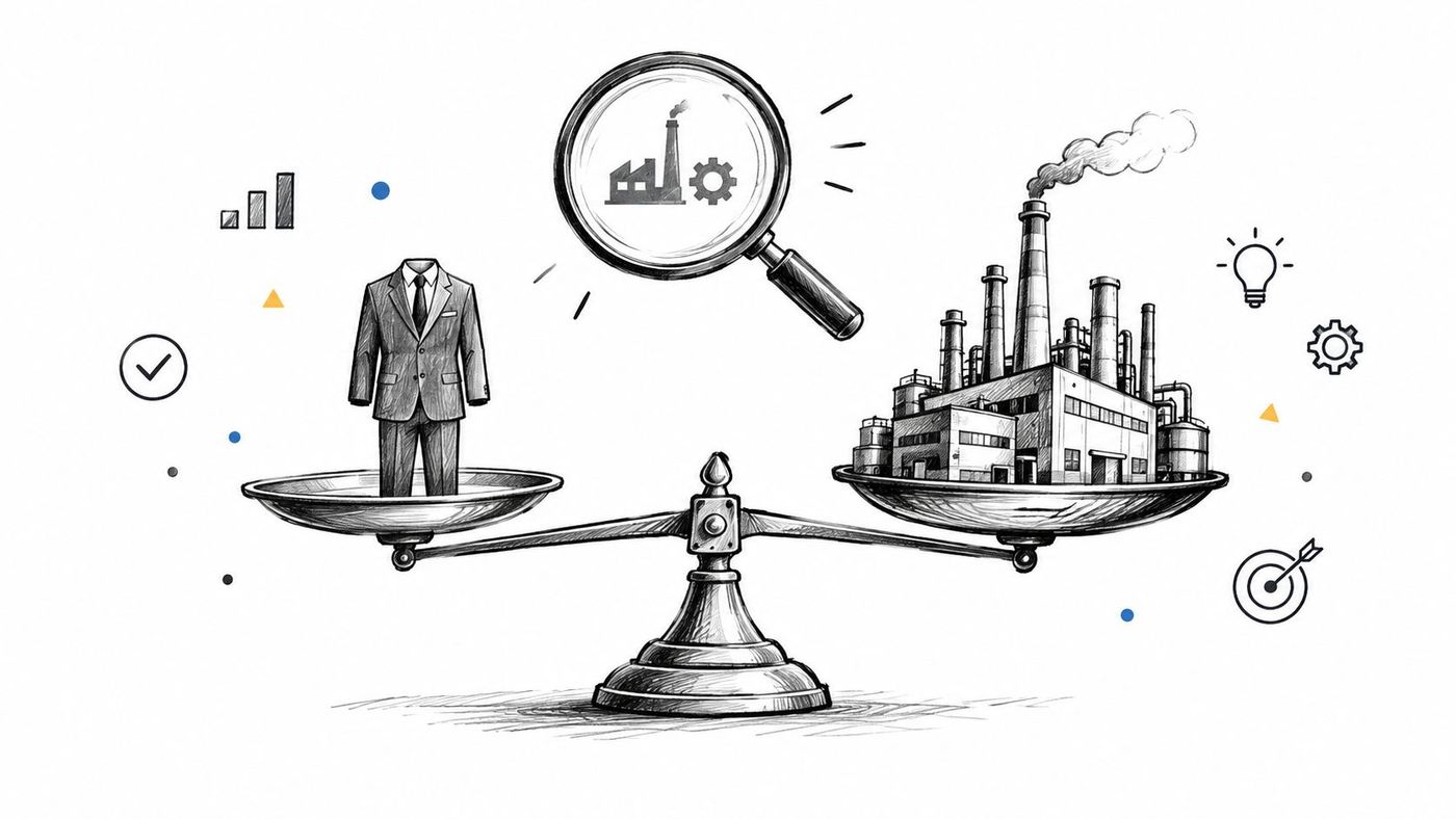 A conceptual illustration of a balance scale weighing a suit against an industrial factory, representing business decision-making.
