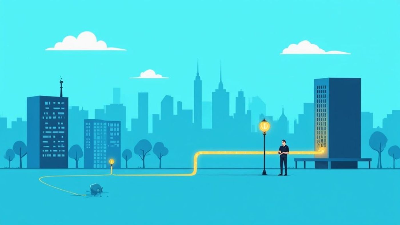 Illustration of a city skyline with a glowing yellow line connecting a ground device, street lamp, and building, with a man standing nearby.