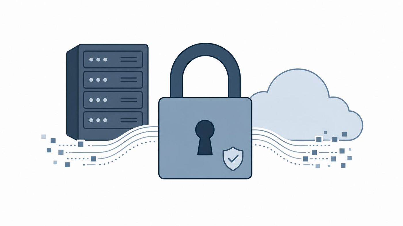 A server rack connected to a cloud symbol through a secured padlock icon representing digital data security.