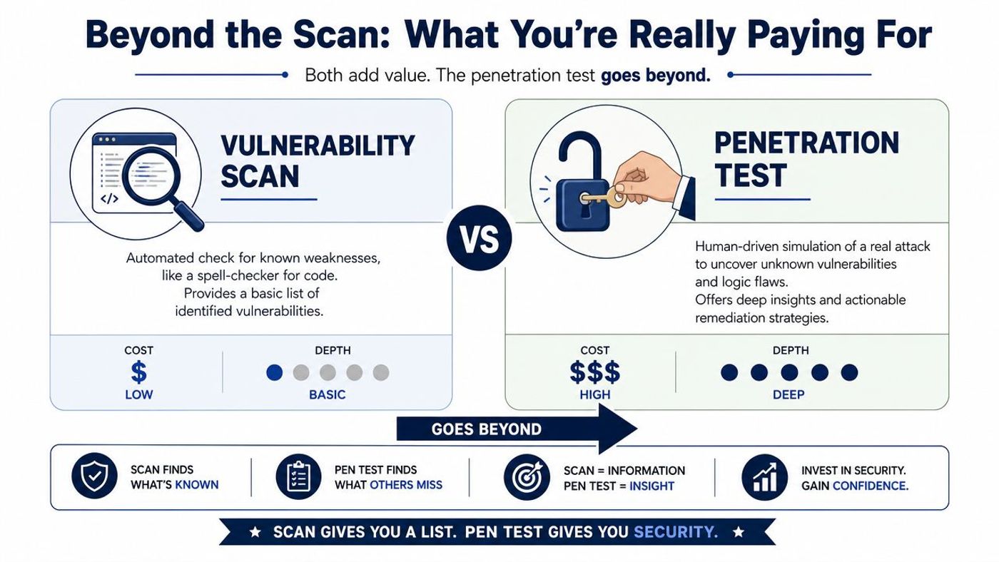 A comparison infographic between vulnerability scanning and penetration testing illustrating cost, depth, and security value differences.