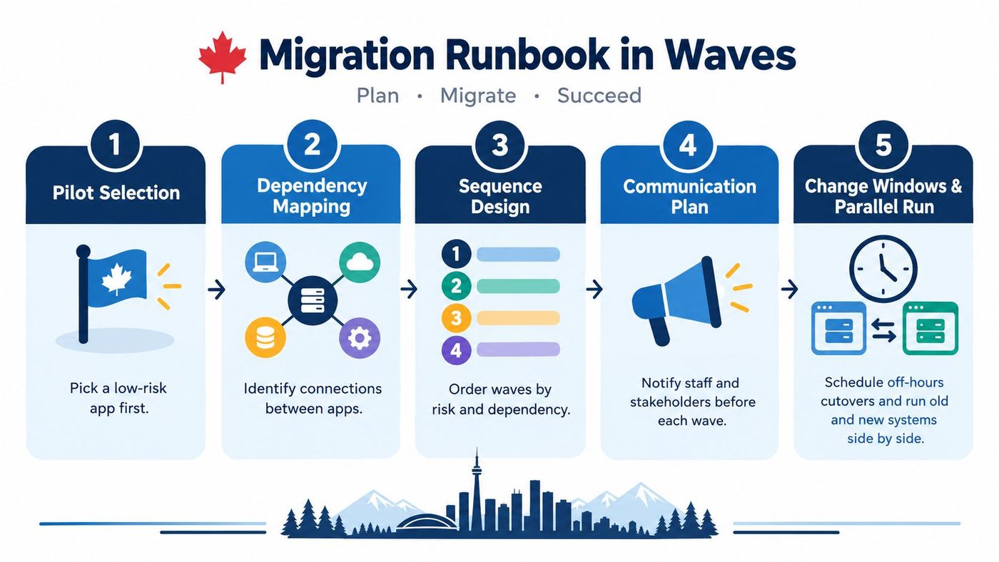 An infographic showing a five-step migration runbook process in waves for transitioning business systems to cloud.