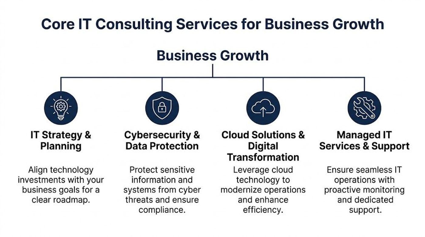 A diagram illustrating four core IT consulting services that drive business growth through technology, security, and support.