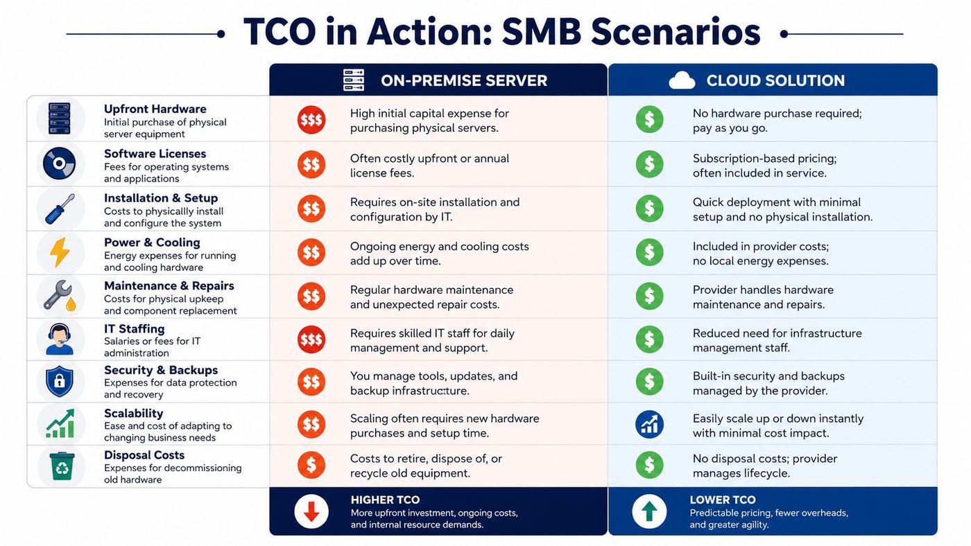 A comparison chart showing TCO differences between on-premise servers and cloud solutions for small businesses.