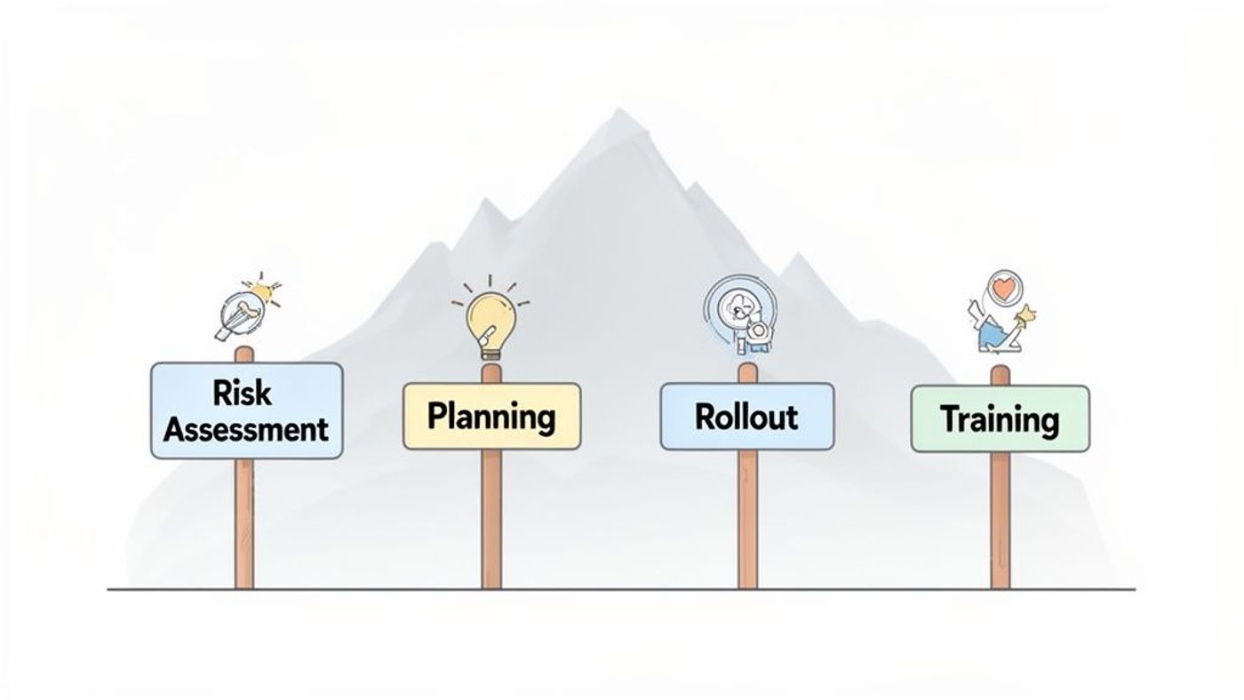 Infographic showing four process steps: Risk Assessment, Planning, Rollout, and Training, with corresponding icons.