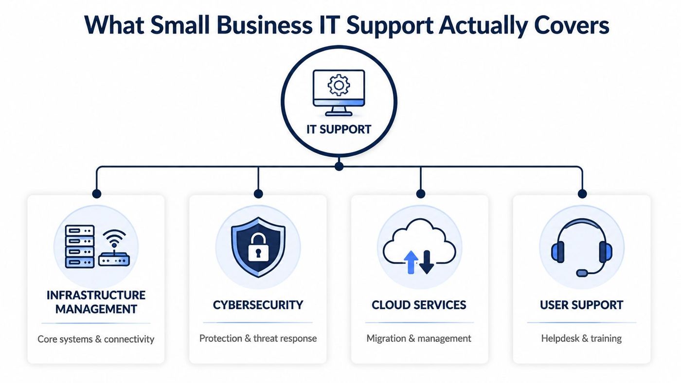A diagram illustrating the four key components of small business IT support: infrastructure, cybersecurity, cloud, and user support.