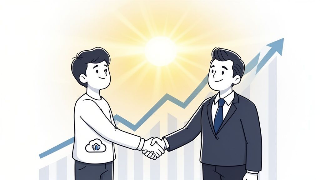 A professional illustration of two men shaking hands in front of a rising business chart and sun.