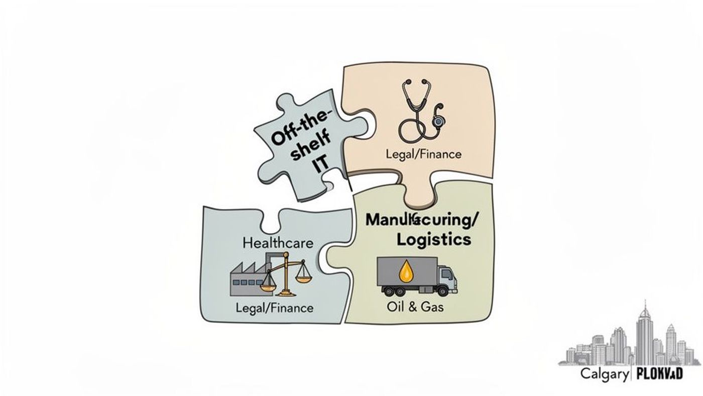 Puzzle diagram showing 'Off-the-shelf IT' connecting diverse sectors: healthcare, legal, finance, manufacturing, and oil & gas.