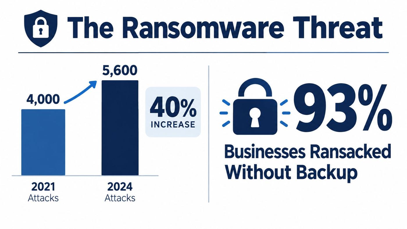 An infographic displaying a 40 percent increase in ransomware attacks from 2021 to 2024 and business risk statistics.