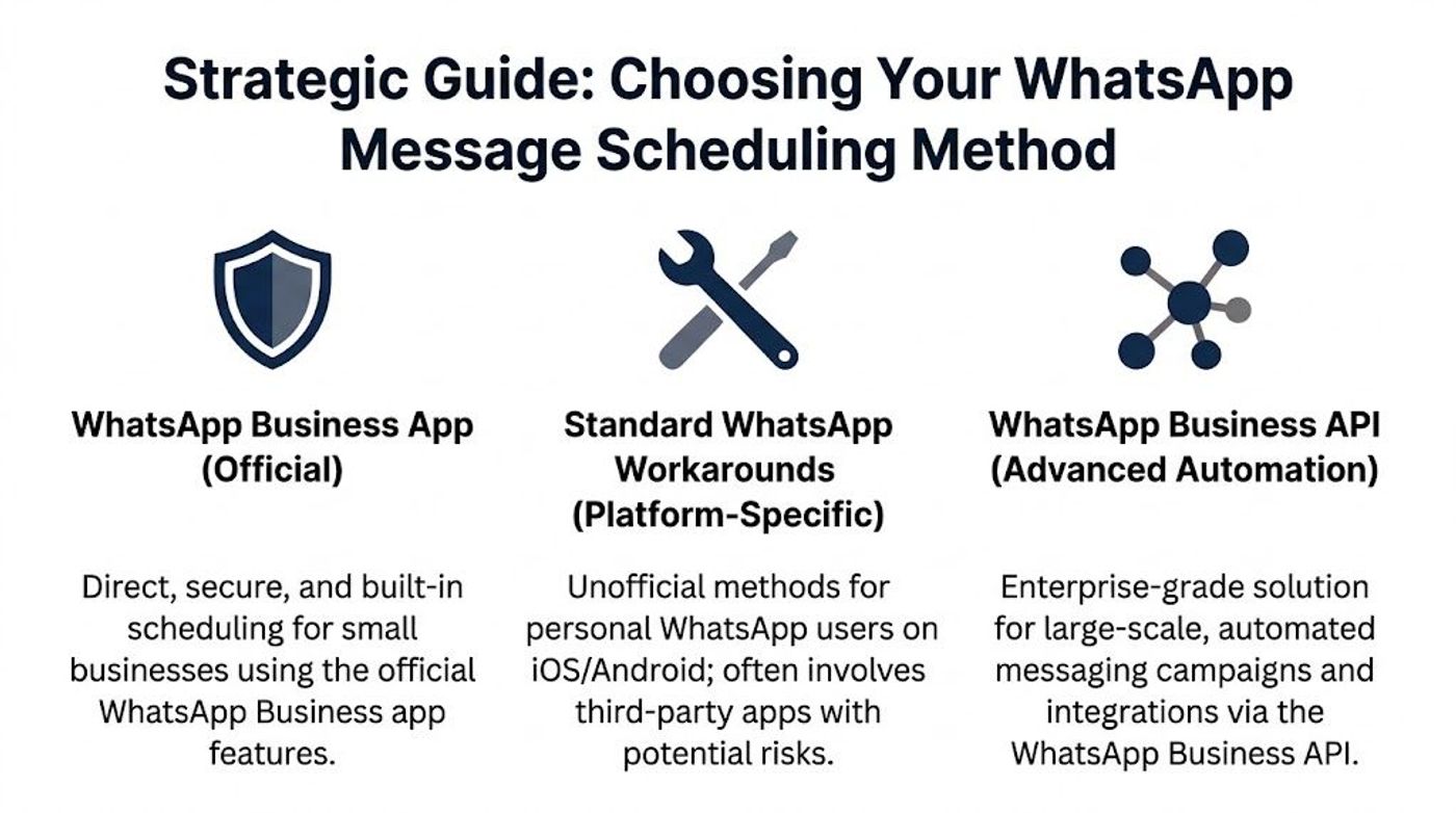 A strategic guide illustrating three methods to schedule a WhatsApp message for business and personal communication.