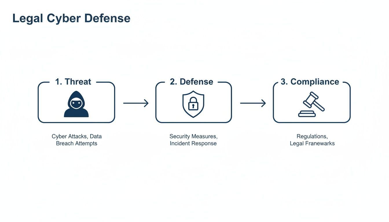 Visual process of legal cyber defense outlining threat identification, security measures, and regulatory compliance.