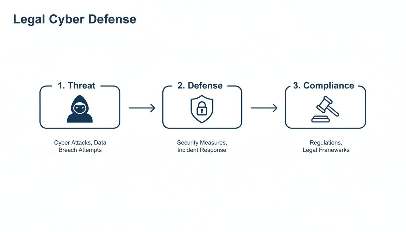 Visual process of legal cyber defense outlining threat identification, security measures, and regulatory compliance.