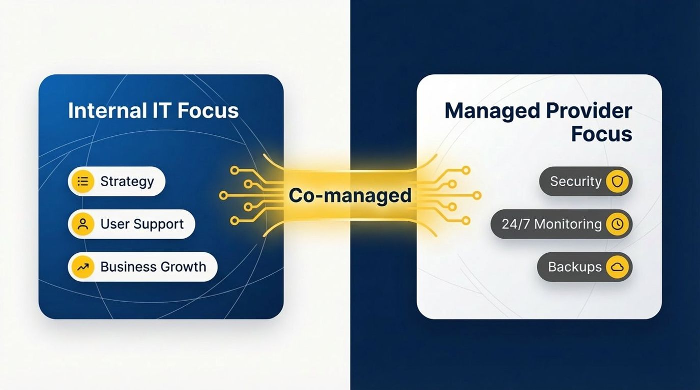 Diagram showing co-managed IT services in Edmonton with internal IT focusing on strategy and growth, and provider on security and monitoring.