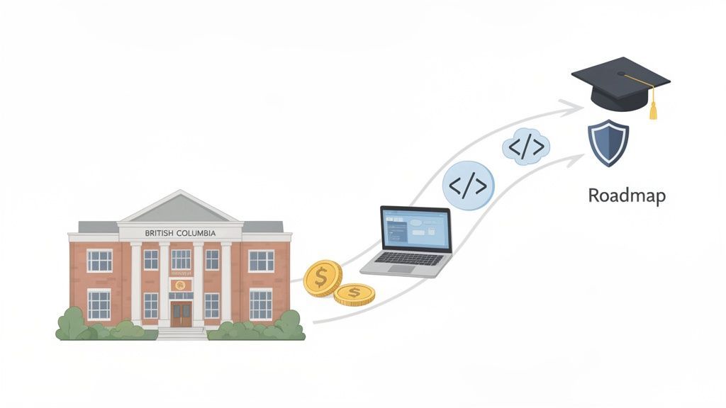 Illustration of the educational journey: British Columbia building, funds, technology, coding skills, graduation, and career roadmap.