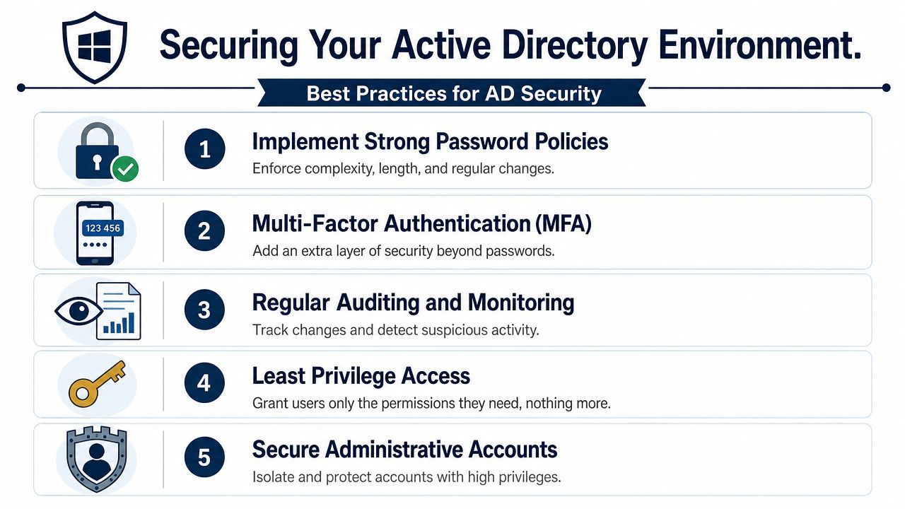 An infographic listing five best practices for securing an Active Directory environment through improved IT security policies.