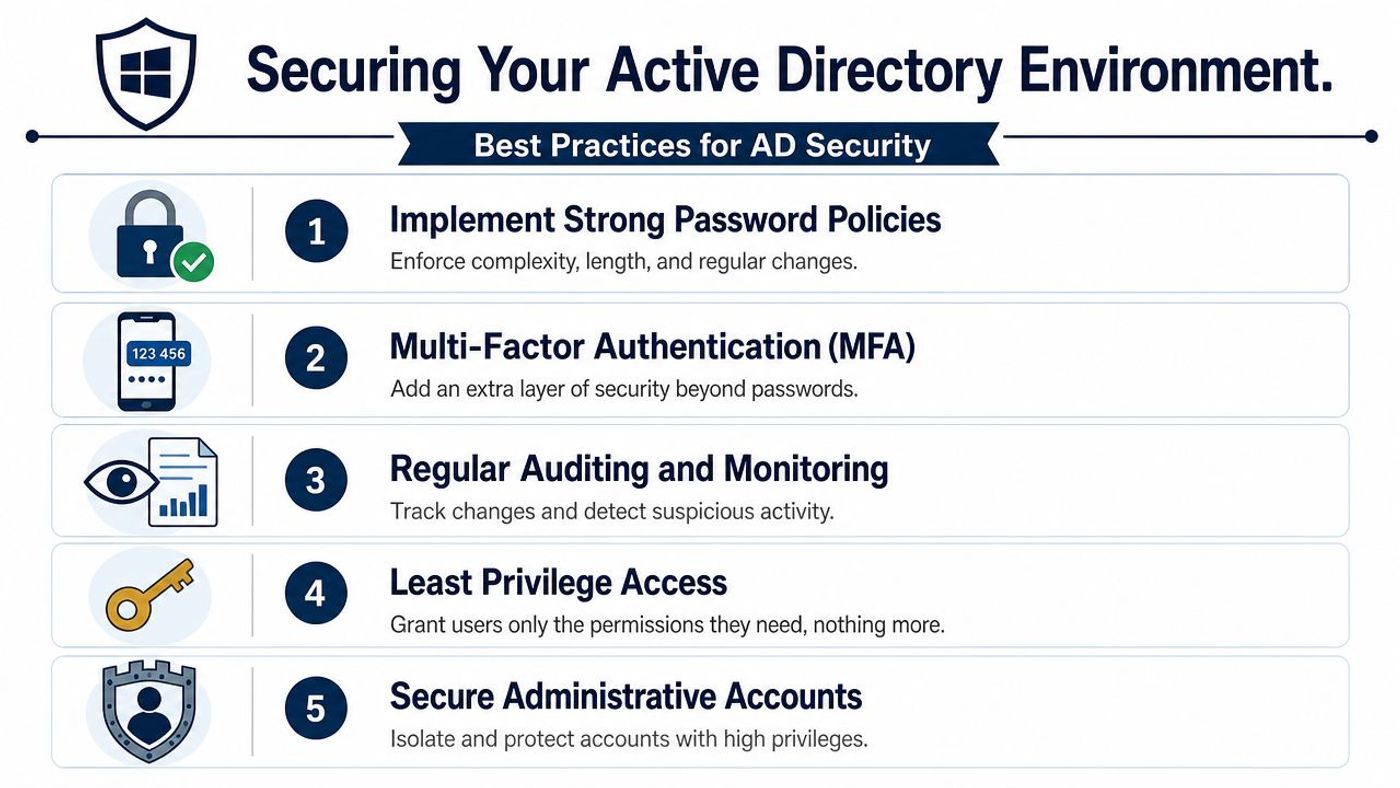 An infographic listing five best practices for securing an Active Directory environment through improved IT security policies.