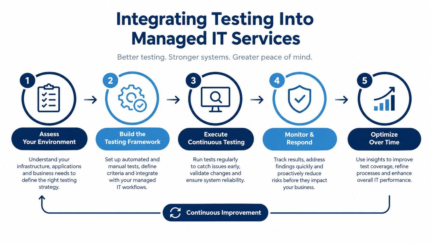 A five-step process diagram illustrating how to integrate testing into managed IT services for better system reliability.