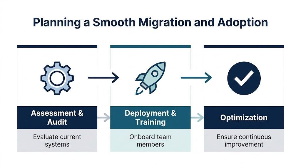 A diagram outlining a three-step business migration process starting with assessment, then deployment, and ending with optimization.