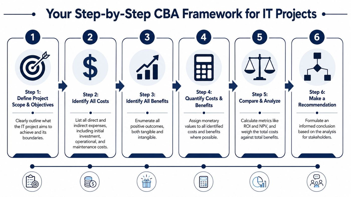 A six-step infographic outlining a clear framework for conducting a cost-benefit analysis for IT projects.
