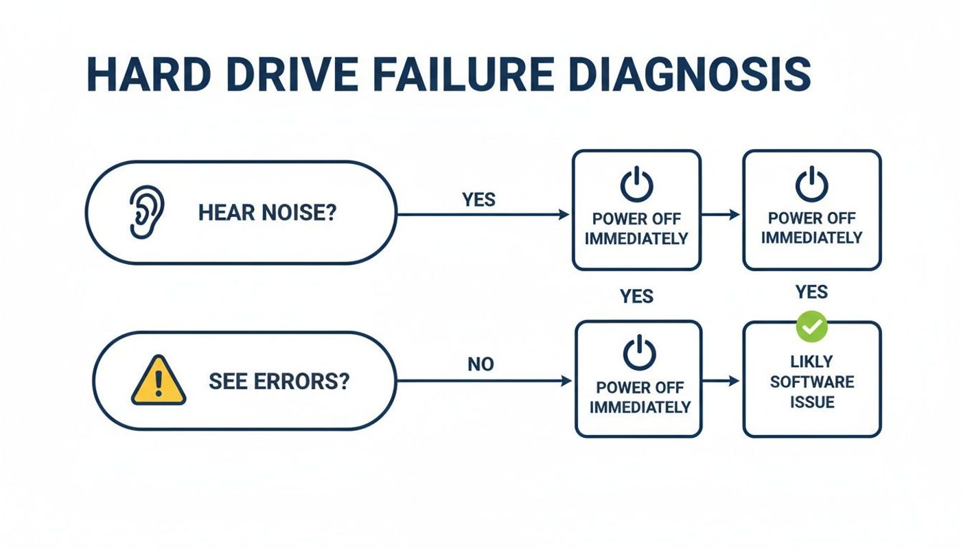 Flowchart detailing hard drive failure diagnosis steps, guiding users based on noise or errors detected.