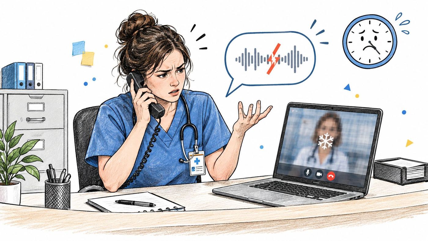 A frustrated medical professional on a phone call while experiencing technical issues during a video conference meeting.
