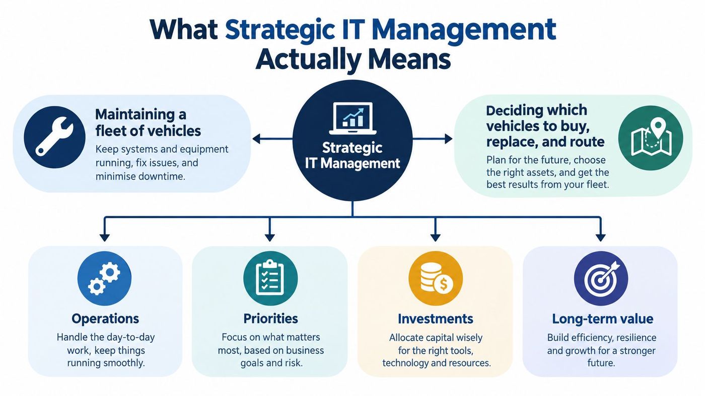 A diagram explaining strategic IT management by comparing it to fleet maintenance and future planning for businesses.