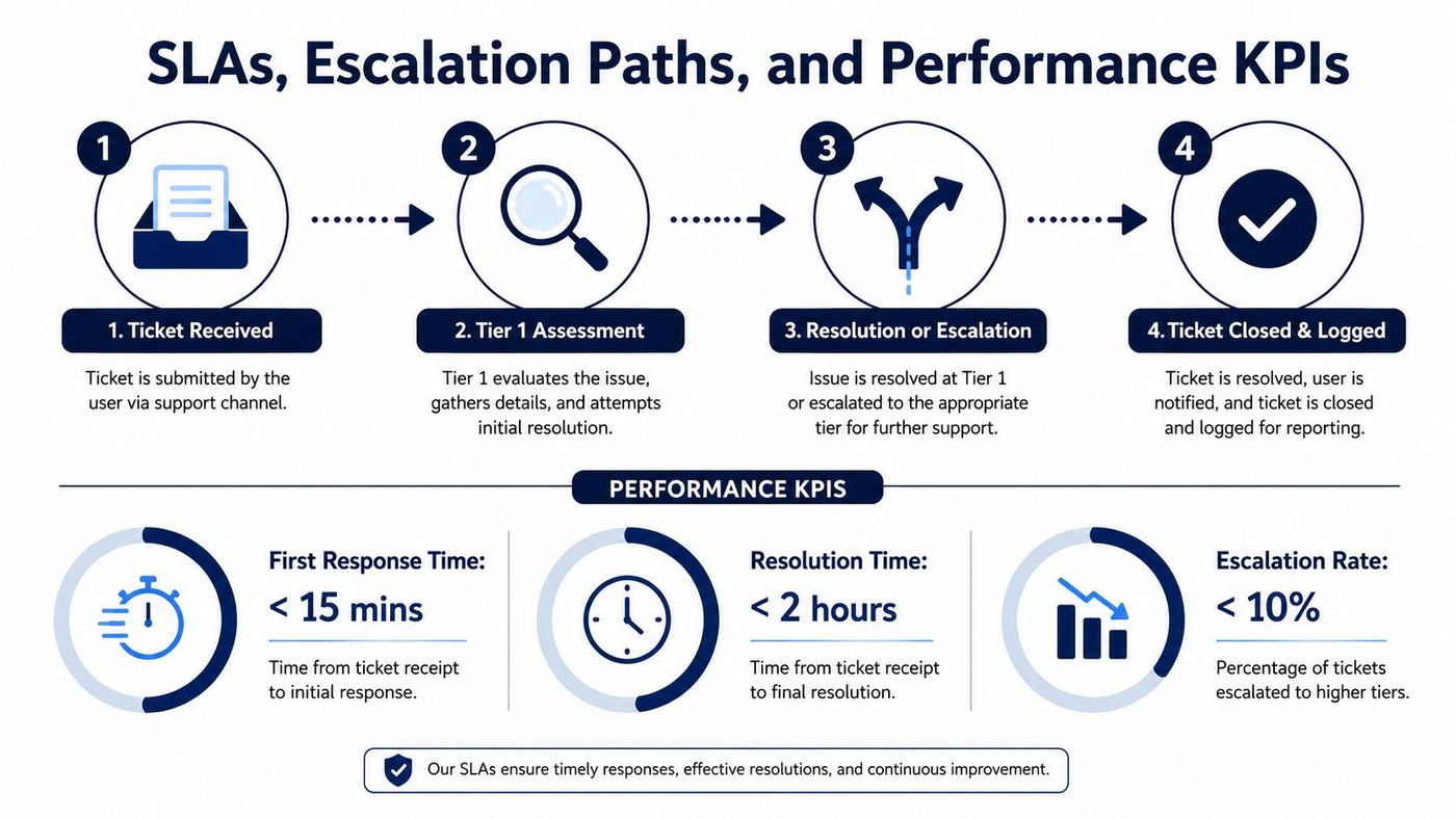 A diagram illustrating the support tier 1 ticket lifecycle process, escalation paths, and key performance indicators.