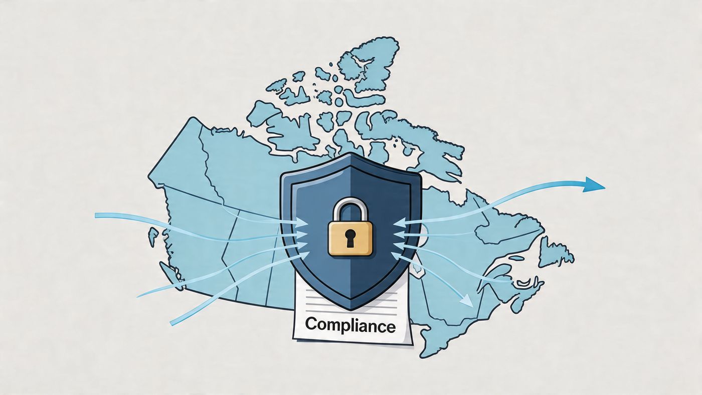 A map of Canada with a shield and padlock icon illustrating data security and regulatory compliance.