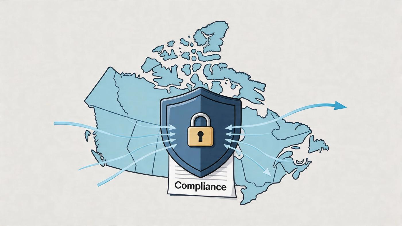 A map of Canada with a shield and padlock icon illustrating data security and regulatory compliance.
