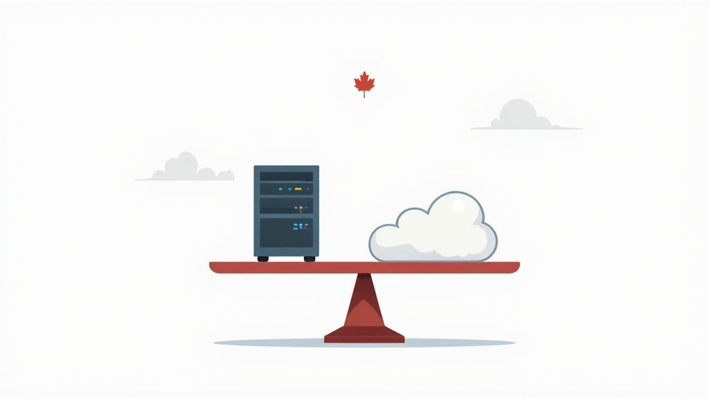 An illustration of a server rack and a cloud icon perfectly balanced on a scale, with a maple leaf.