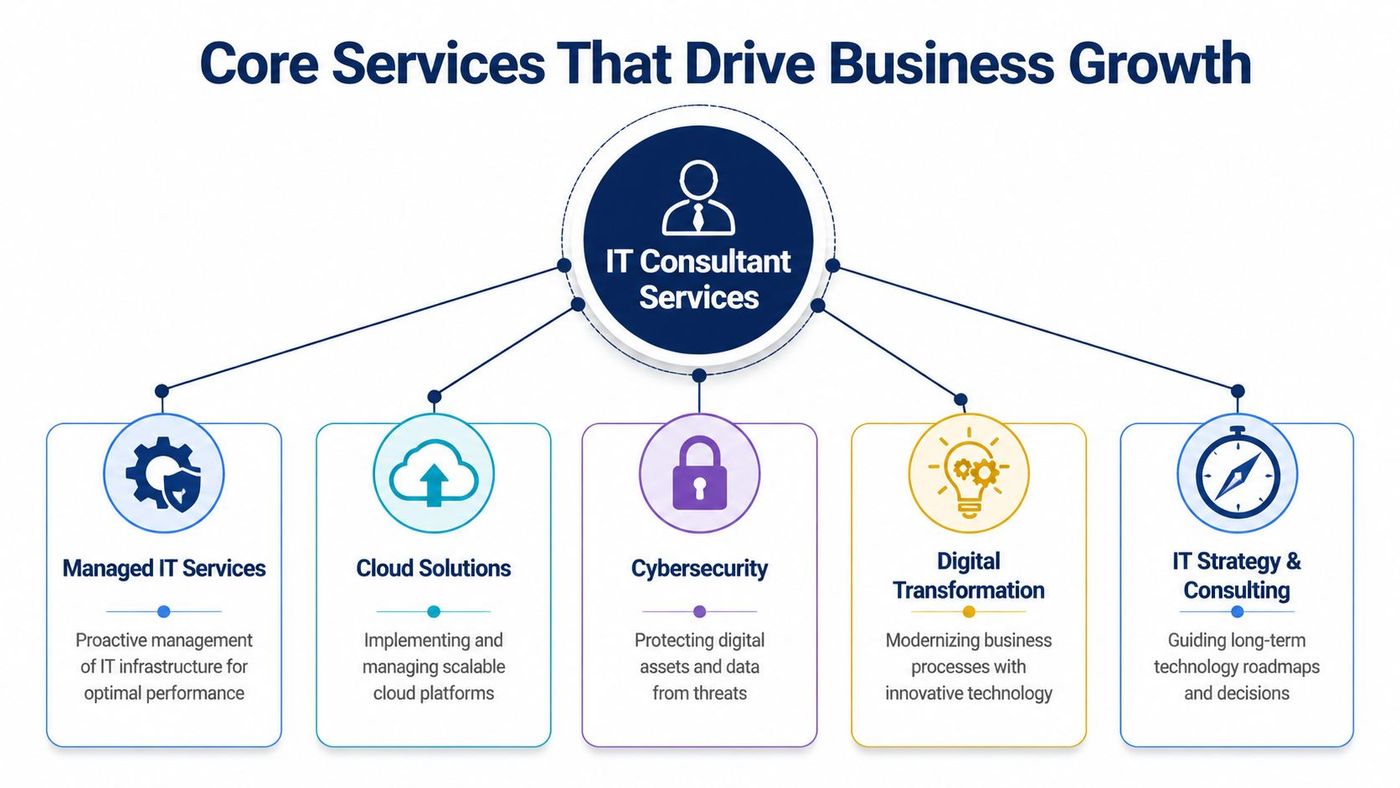 A diagram illustrating IT consultant services including managed IT, cloud solutions, cybersecurity, digital transformation, and IT strategy.