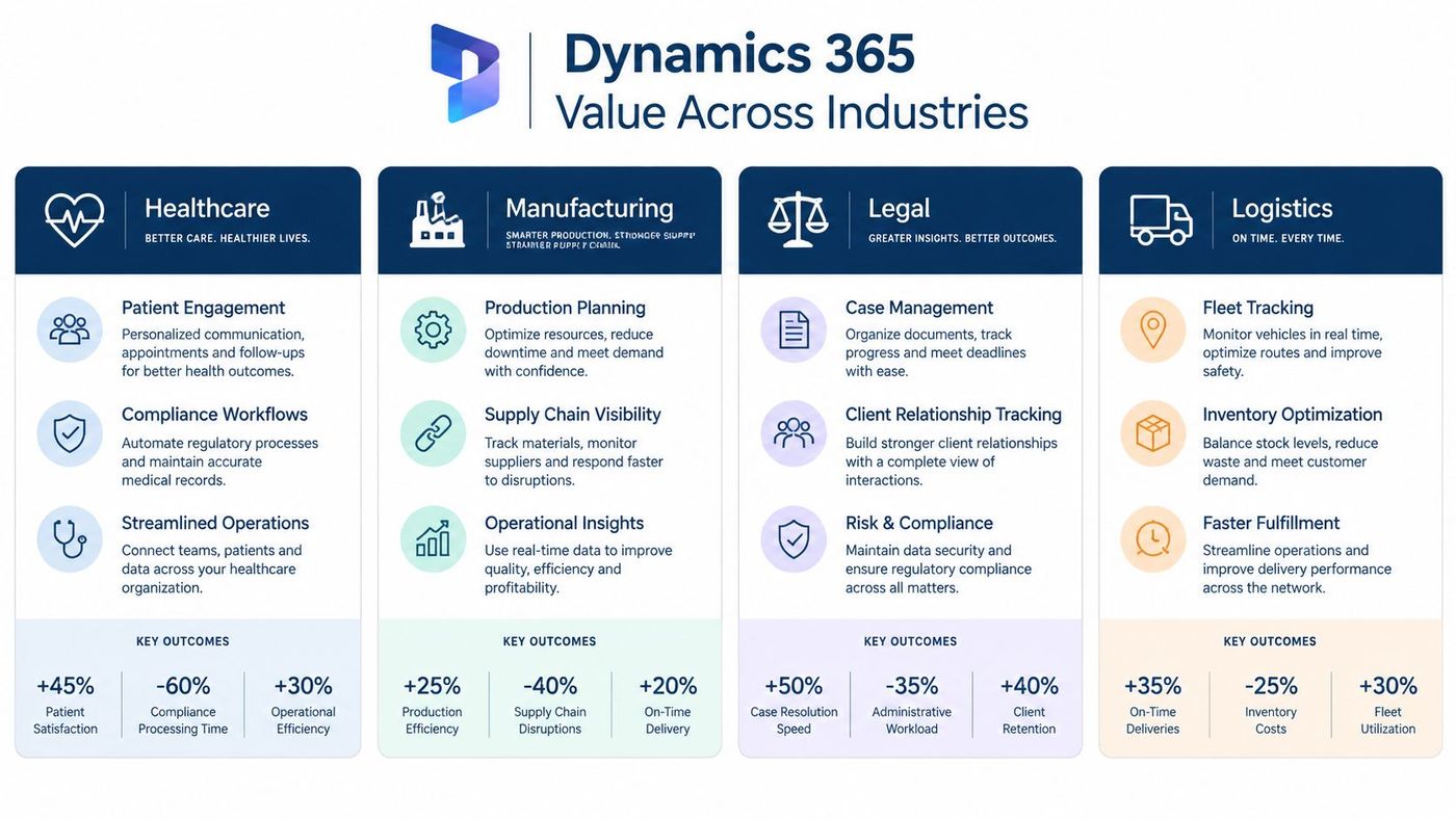An infographic illustrating Dynamics 365 benefits for healthcare, manufacturing, legal, and logistics industries with key outcome statistics.
